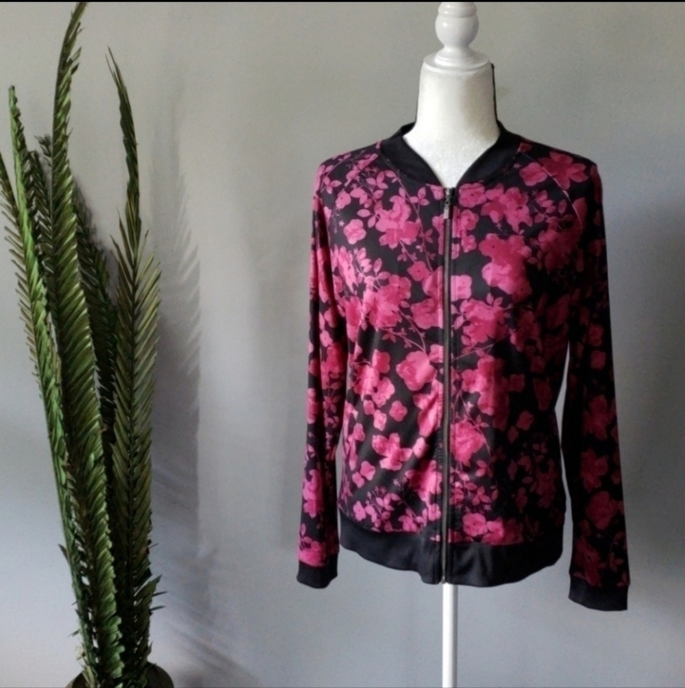 Cato black and pink floral zip up athleisure long sleeve jacket NWT